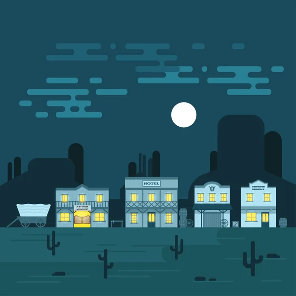 Vector illustration of an old western town at night. — Stock Vector