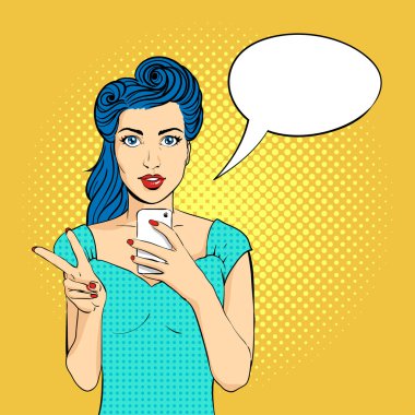 Bir telefon tutan açık ağız ile Vektör pop art kadın yüz  