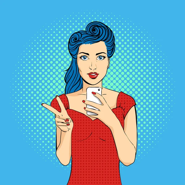 Bir telefon tutan açık ağız ile Vektör pop art kadın yüz  