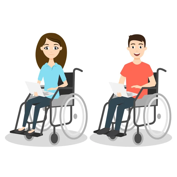 Vektorillustration von zwei jungen Männern und einer Frau im Rollstuhl — Stockvektor