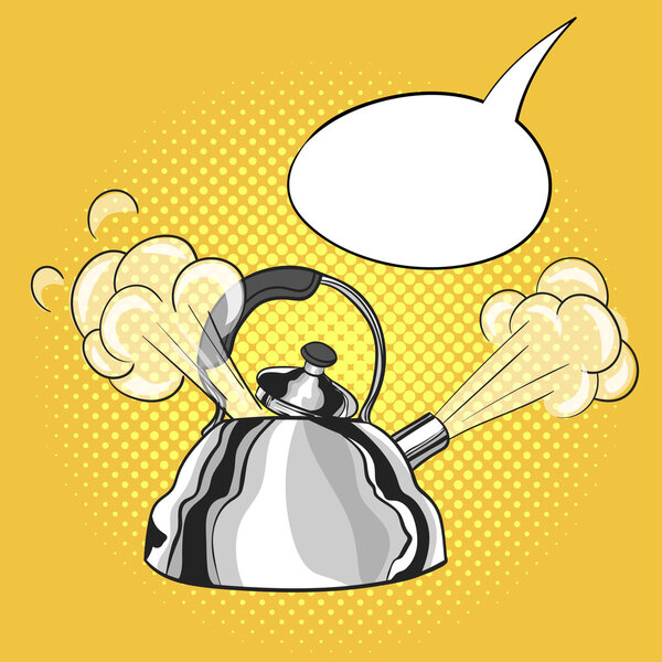 Vector hand drawn pop art illustration of kettle with a steam 