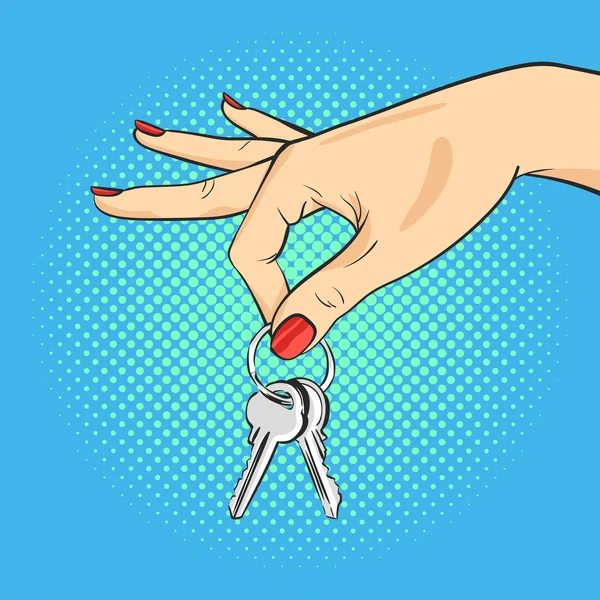 Vektor handgezeichnete Pop Art Illustration der Hand, die Schlüssel hält. — Stockvektor