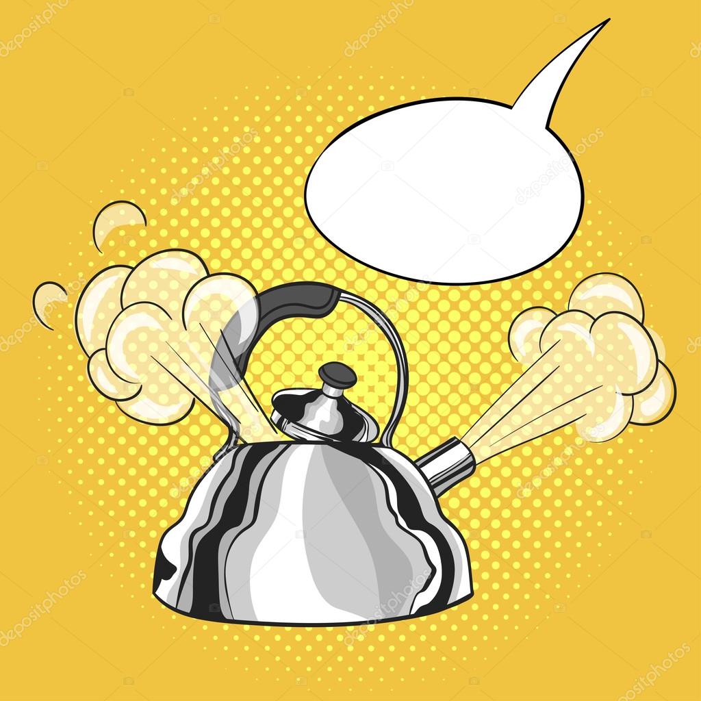 Vector hand drawn pop art illustration of kettle with a steam pulled out from the lid. Empty speech bubble. Retro style. Hand drawn sign. Illustration for print, web.