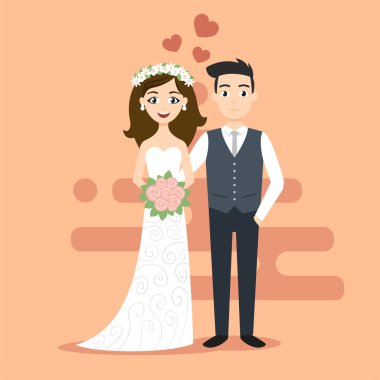 Vector illustration of young happy newlyweds bride and groom.  clipart