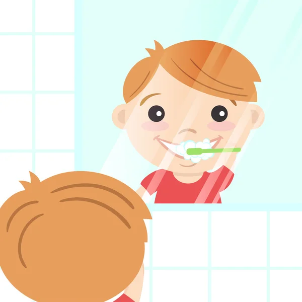 벡터 삽화 의 행복한 귀여운 소년 청소 그의 이빨 — 스톡 벡터