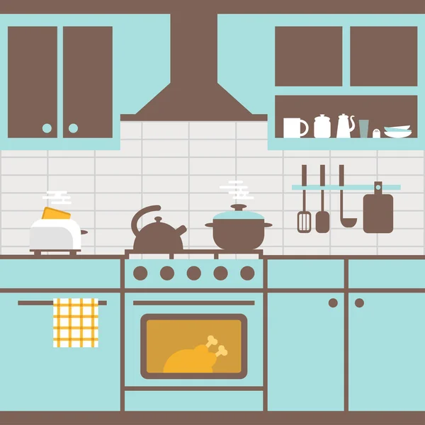 Vector εικονογράφηση κουζίνα με έπιπλα. Σκεύη κουζίνας — Διανυσματικό Αρχείο