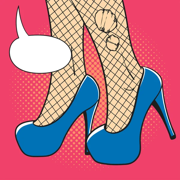 Illustration pop art dessinée à la main vectorielle d'une élégante chaussure femme avec des collants délicats déchirés . — Image vectorielle