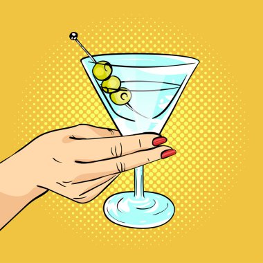 Martini cam tutan kadın el vektör el çizilmiş pop sanat illüstrasyon