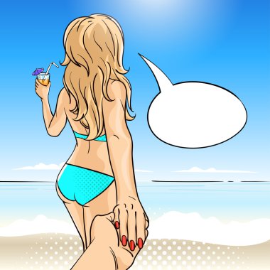 Vector hand drawn pop art illustration of young woman on the beach vector