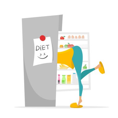 Illustration of girl searching something to eat in the fridge. clipart