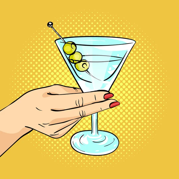 Vector dibujado a mano ilustración de arte pop de la mano de la mujer sosteniendo el vidrio Martini — Archivo Imágenes Vectoriales