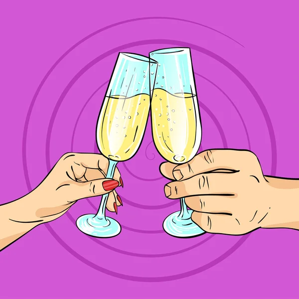 Illustrazione di arte pop disegnata a mano vettoriale di mani di uomo e donna che tengono bicchieri di champagne — Vettoriale Stock