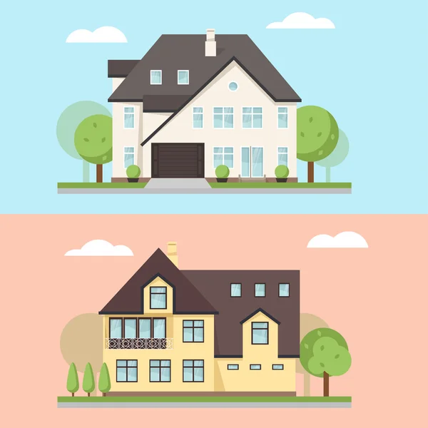 Ilustración vectorial de dos casas familiares o cabañas . — Vector de stock