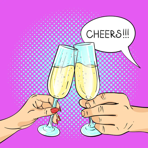 Vector hand getekende popart illustratie van man en vrouw handen houden glazen Champagne — Stockvector