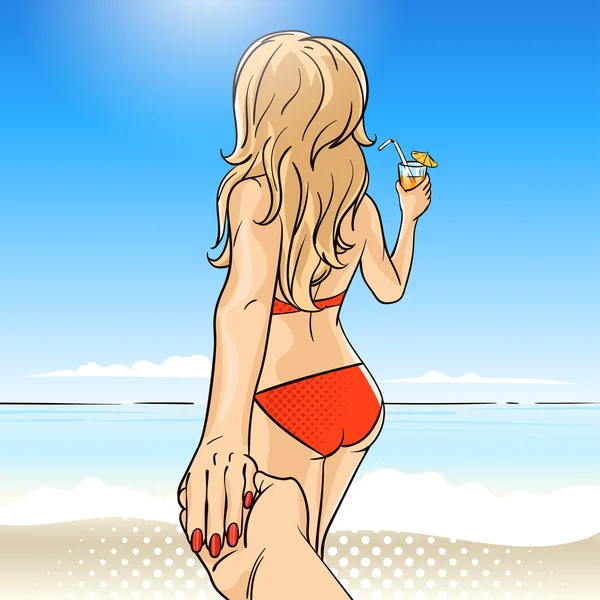 Vector hand drawn pop art illustration of young woman on the beach — Stock Vector