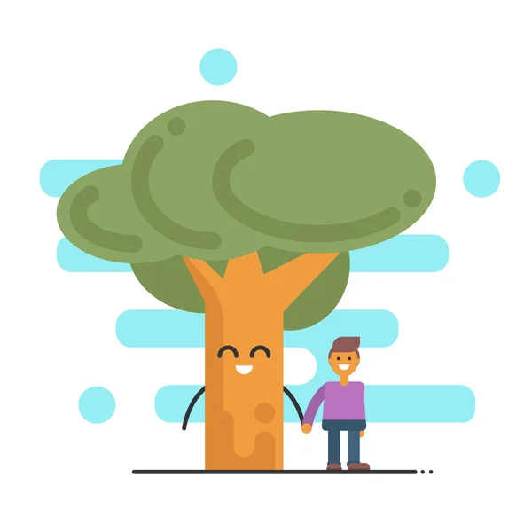 Vektor-Illustration von glücklichem Baum und jungem Mann beim Händchenhalten. — Stockvektor
