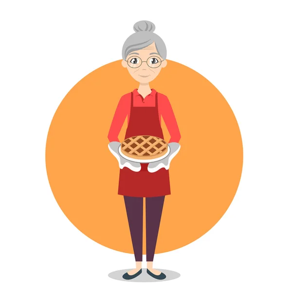 彼女の手で甘いパイとおばあちゃん. — ストックベクタ