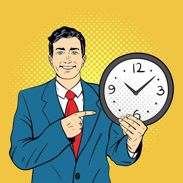 Vector hand getekende popart illustratie van zakenman Holding Watch — Stockvector