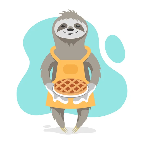 Vector illustration of happy cute sloth wearing kitchen apron — Stock Vector
