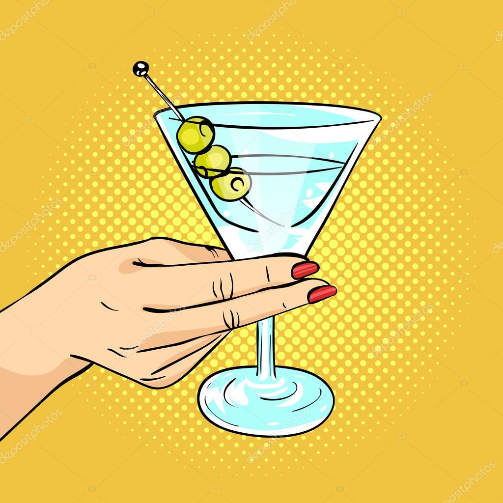 Vector hand drawn pop art illustration of woman hand holding Martini glass with olives. Retro style. Hand drawn sign. Illustration for print, web.