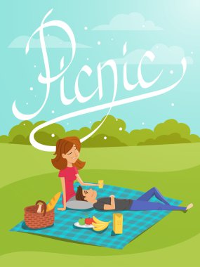 Genç mutlu çiftimiz Parkta piknik vektör çizim