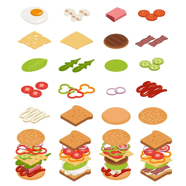 Isometrische ingrediënten voor hamburgers en sandwiches. — Stockvector