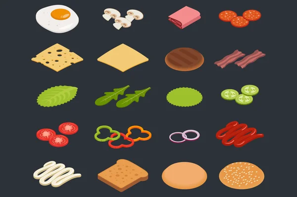 Conjunto vetorial de ícones isométricos. Ingredientes para hambúrgueres e sanduíches —  Vetores de Stock