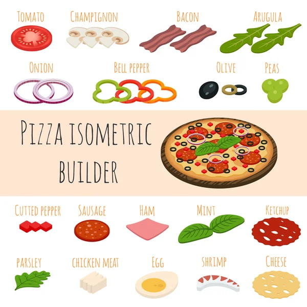 Izometrikus élelmiszer-ikonok vektoros halmaza. Pizza Hozzávalók. — Stock Vector