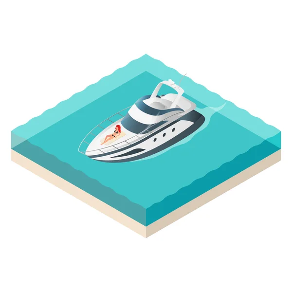 Izometrikus Yacht és gyönyörű nő vektorillusztrációja — Stock Vector