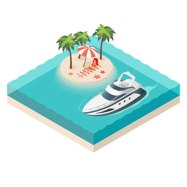 Vektor-Illustration isometrischer Jacht und tropischer Insel — Stockvektor
