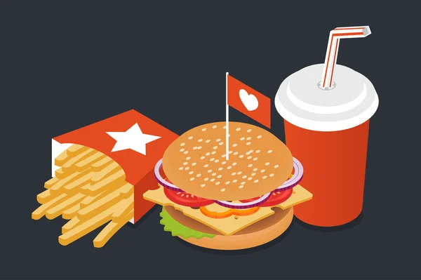 Ilustración vectorial de alimentos isométricos: hamburguesa, papas fritas — Vector de stock