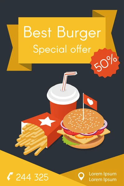 Ilustração vetorial de alimentos isométricos: hambúrguer, batatas fritas — Vetor de Stock