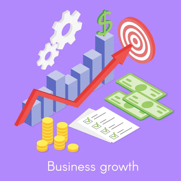 Concept isométrique vectoriel pour la croissance des entreprises, argent — Image vectorielle