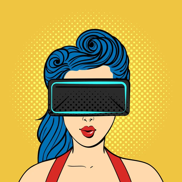 Векторный поп-арт удивил женщину в очках виртуальной реальности . — стоковый вектор