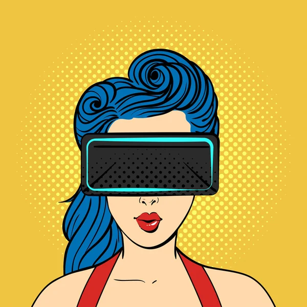 Vektör pop art sanal gerçeklik gözlüğü takan kadın şaşırttı.