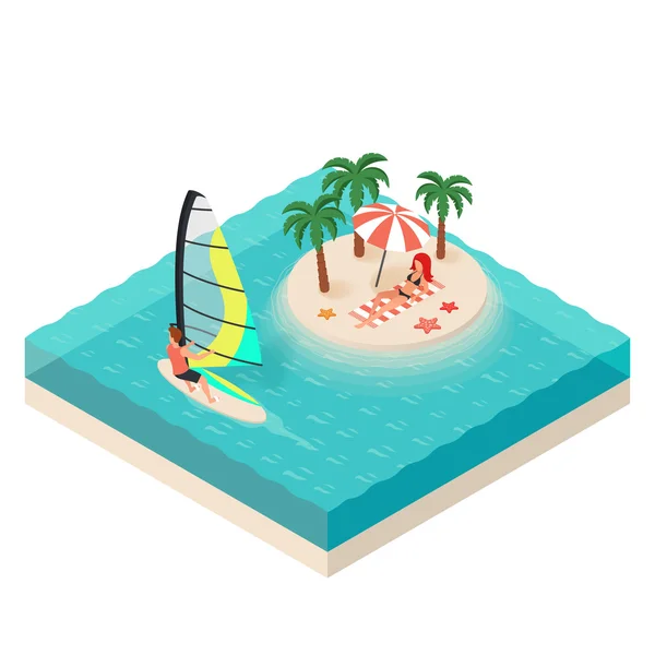 Ilustração isométrica vetorial do windsurfista . — Vetor de Stock