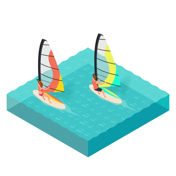 Ilustração isométrica vetorial de windsurfistas . — Vetor de Stock