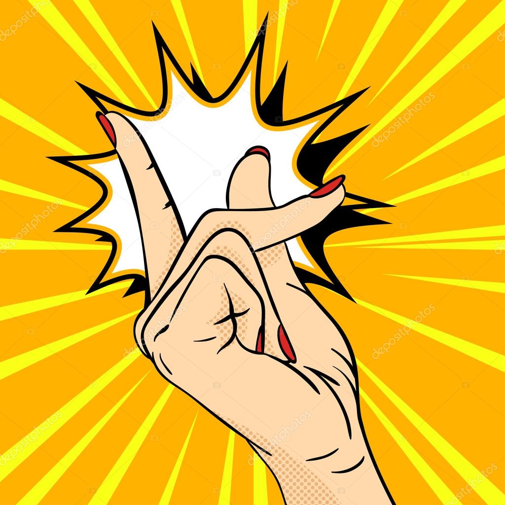 Vector hand drawn pop art illustration of hand. Hand gesture, a snap of the fingers. Retro style. Hand drawn sign. Illustration for print, web.