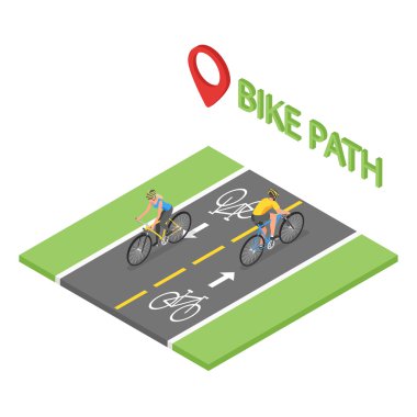 İzometrik insanlarla Bisiklet Bisiklet lane üzerinde yolculuk.