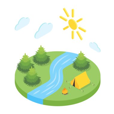 Orman kampı izometrik 3d çizimi.