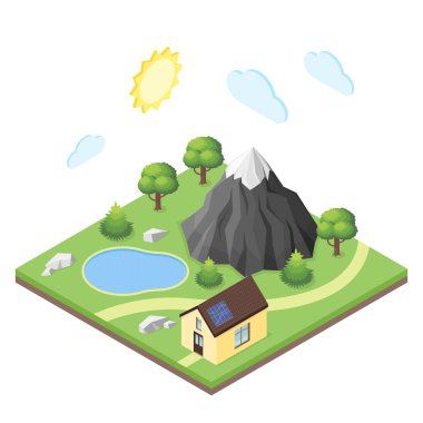 Dağlarda house izometrik 3d çizimi.