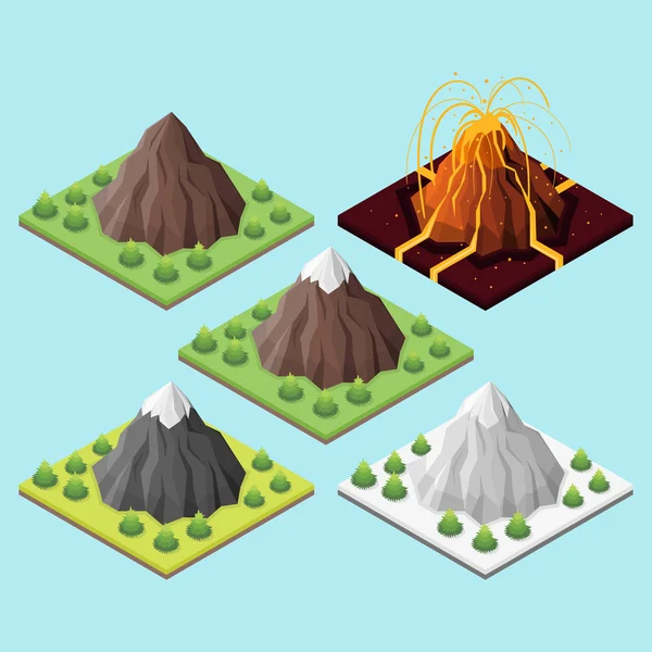 山と火山の等尺性 3 d セット. — ストックベクタ