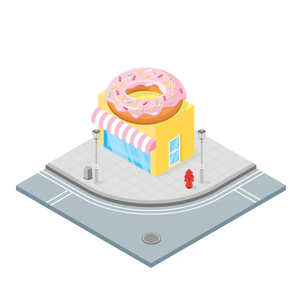 Isométrico vetor 3d ilustração de loja de donuts . — Vetor de Stock