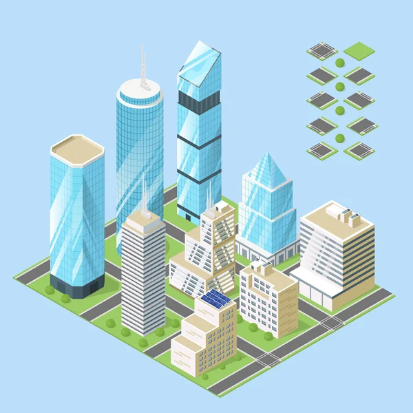 Ilustración isométrica vectorial 3d de edificios urbanos . — Vector de stock