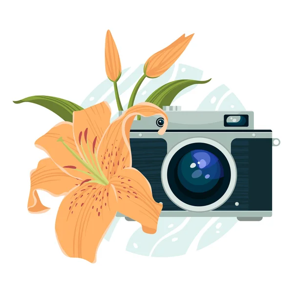 Vectorillustratie van vintage camera en prachtige lelie. — Stockvector