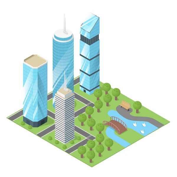 Ilustración isométrica vectorial 3d de edificios y parques urbanos . — Vector de stock