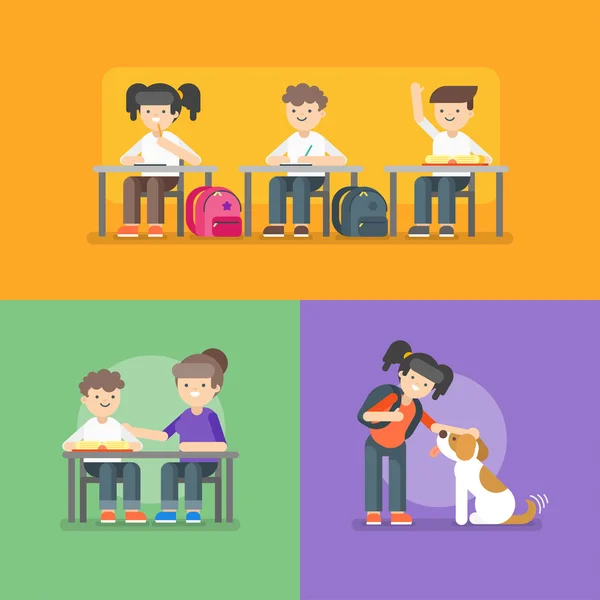 Ilustración vectorial de niños en la escuela. Regreso al concepto escolar . — Vector de stock