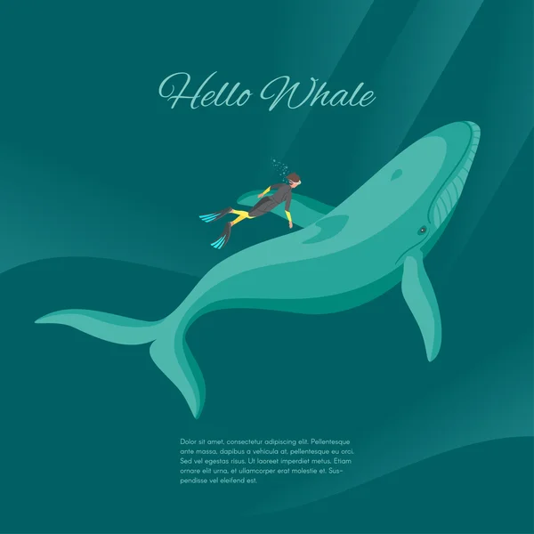 Isometrische 3d vector illustratie van duiker en onderwater walvis — Stockvector