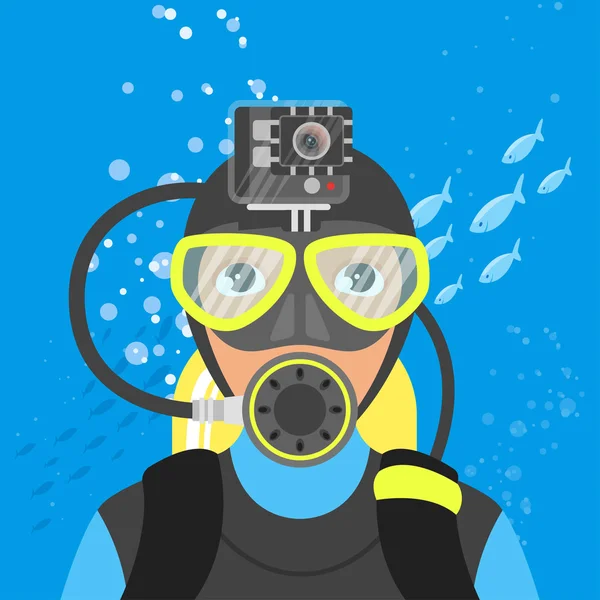 Vectorillustratie van skuba duiker die onderwater video-opnamen — Stockvector