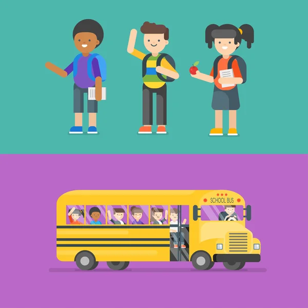 Ilustración vectorial de niños en la escuela y en autobús . — Vector de stock